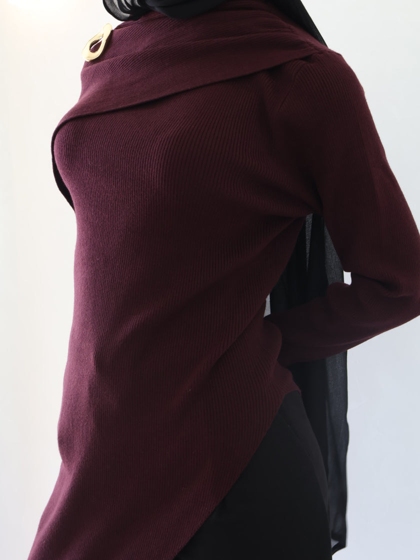 MILA ASYM KNIT TOP — BURGUNDY