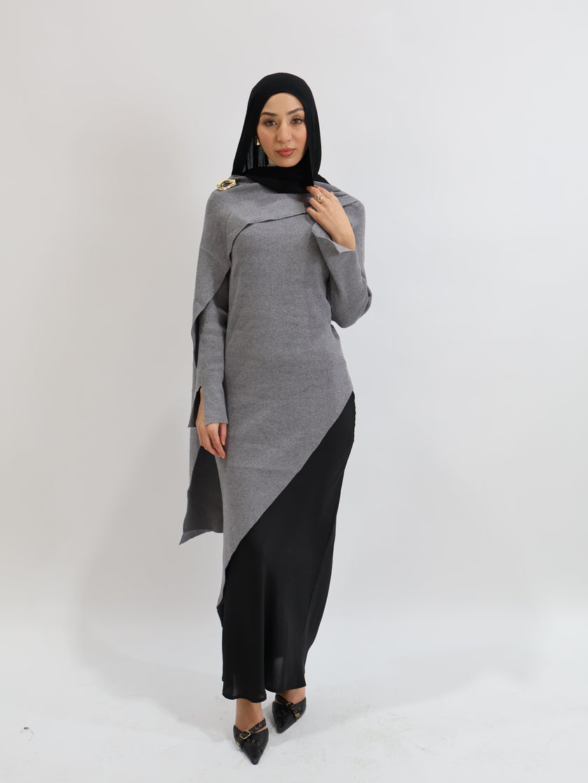 MILA ASYM KNIT TOP — GRAY