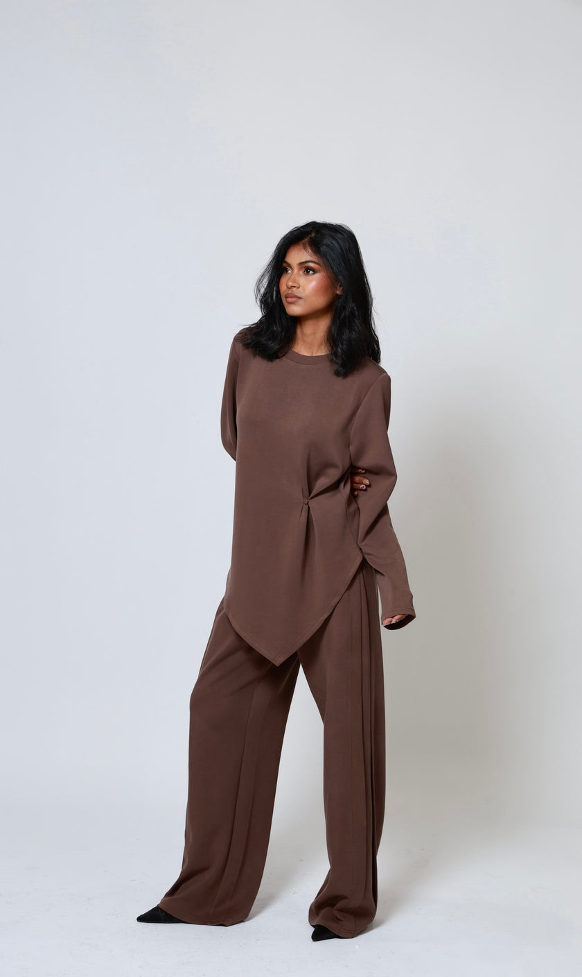 Mara Side Pleat Pant Brown (PREORDER)