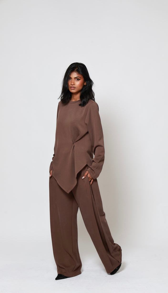 Mara Side Pleat Pant Brown (PREORDER)