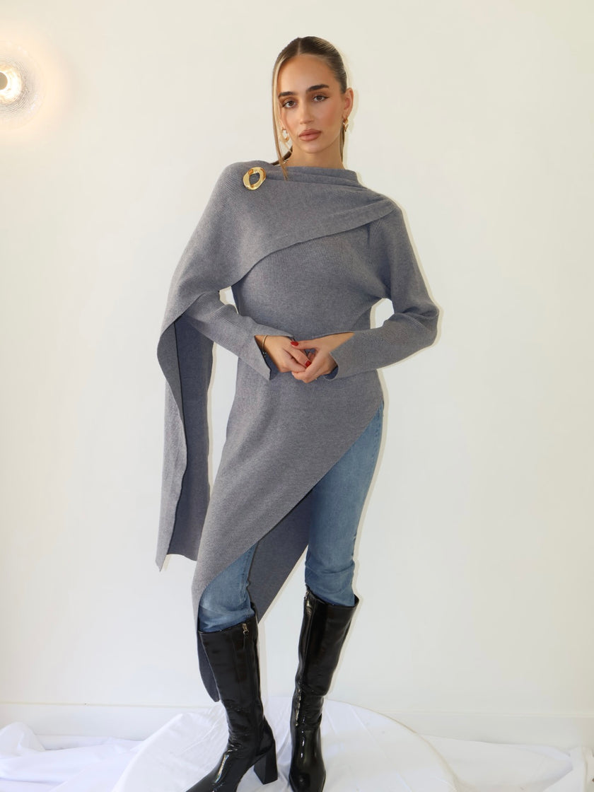 MILA ASYM KNIT TOP — GRAY