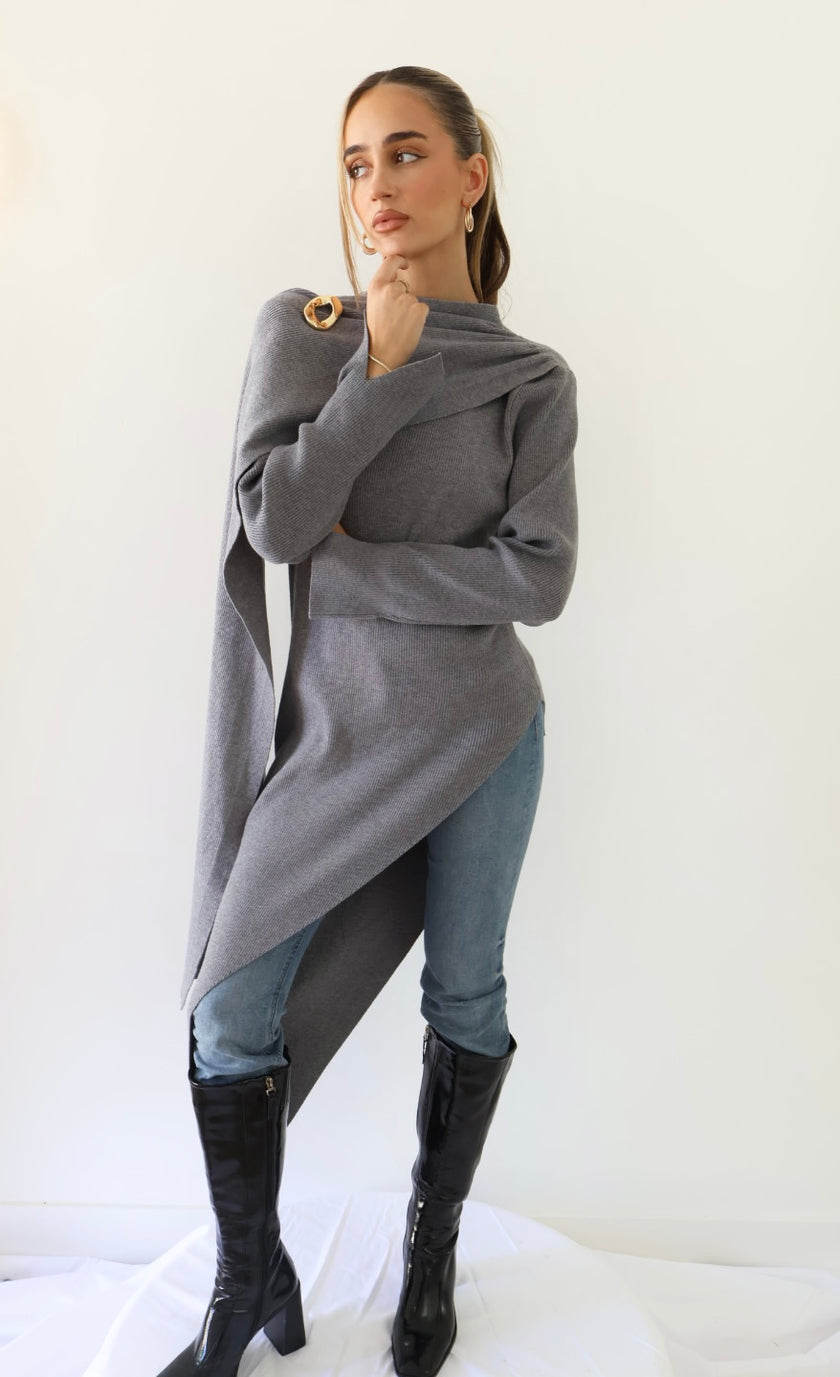 MILA ASYM KNIT TOP — GRAY