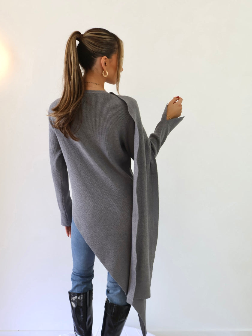 MILA ASYM KNIT TOP — GRAY