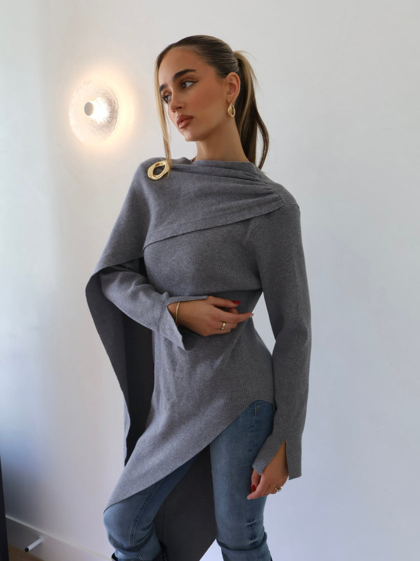 MILA ASYM KNIT TOP — GRAY