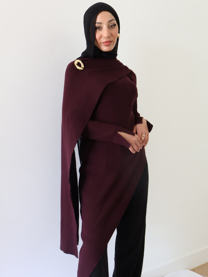 MILA ASYM KNIT TOP — BURGUNDY