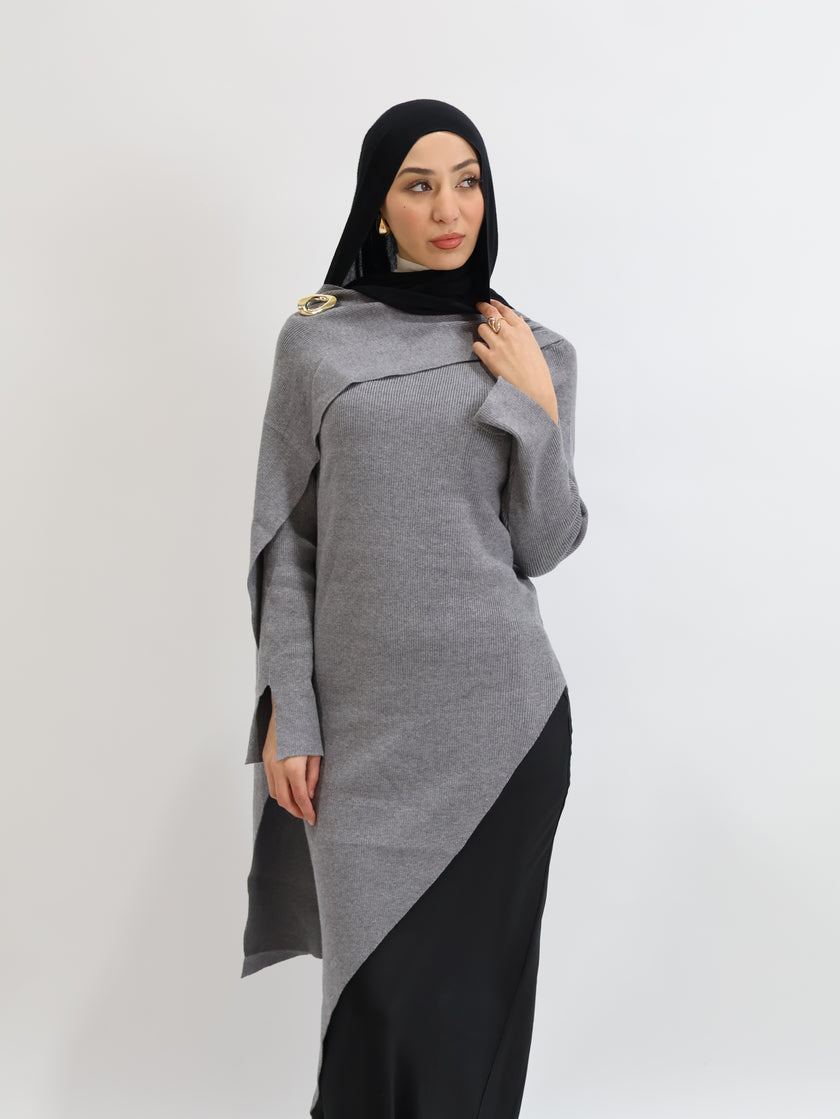 MILA ASYM KNIT TOP — GRAY
