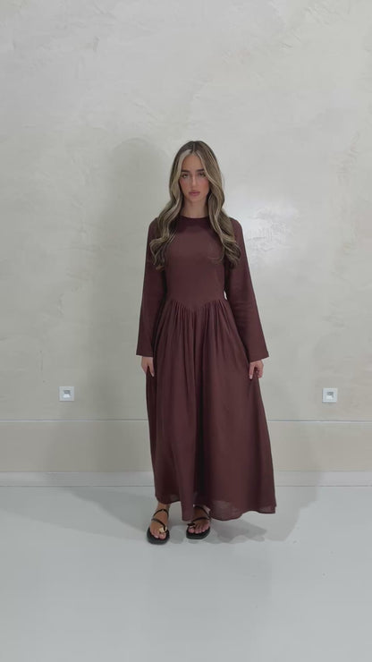 LYLA LINEN DRESS- MAHOGANY